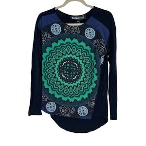 NEW Desigual Mandala Print Long Sleeve Tee Shirt Top Black‎ Artsy Graphic Size S